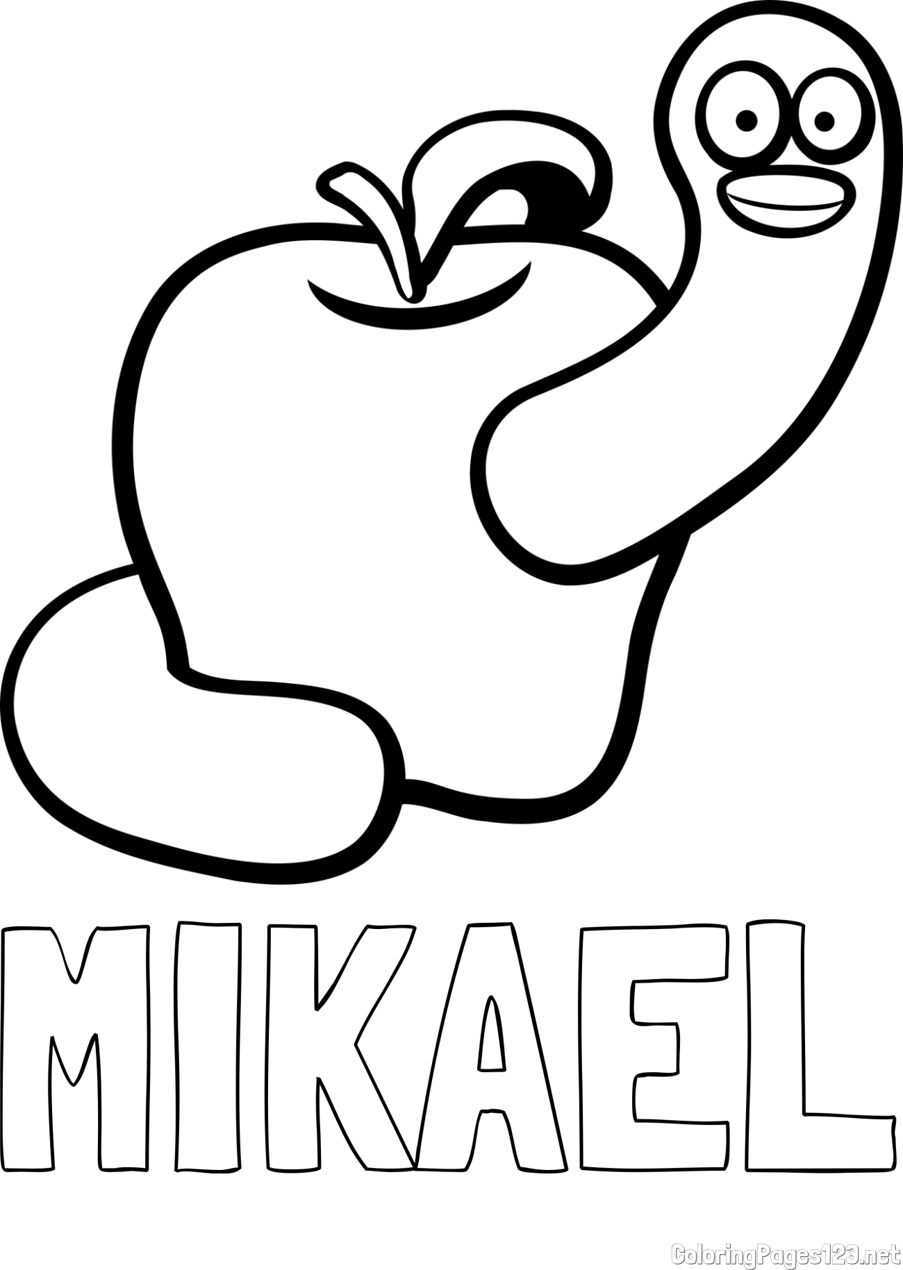 MIKAEL Coloring Page and Apple and Smiling Worm Coloring Page