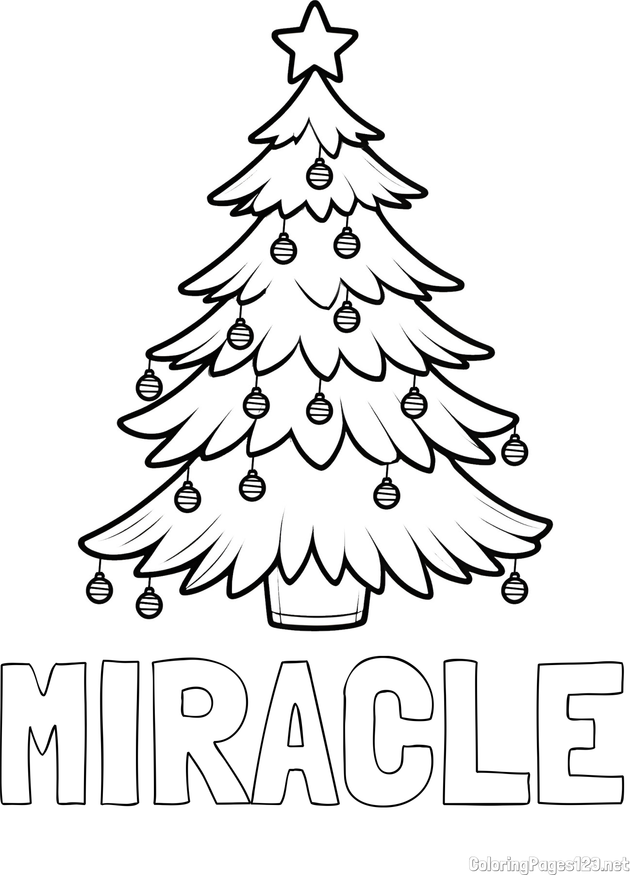 MIRACLE Coloring Page and Christmas Tree with Star and Ornaments Coloring Page
