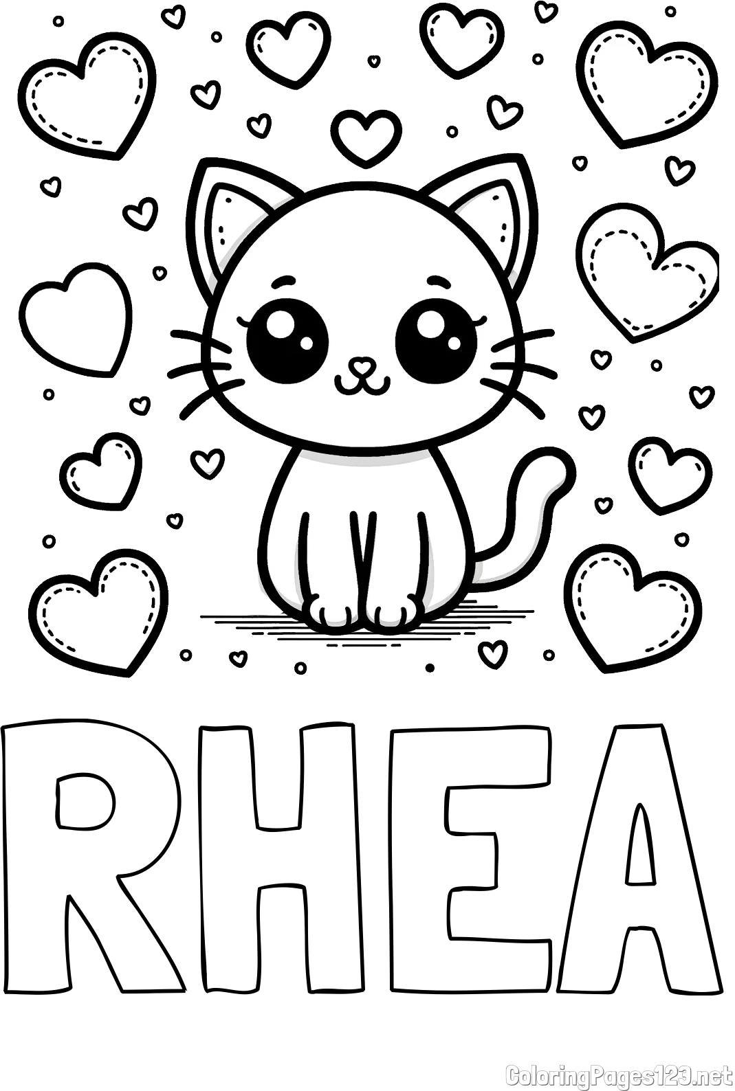 RHEA Coloring Page and Free Coloring Page of a Cat and Hearts