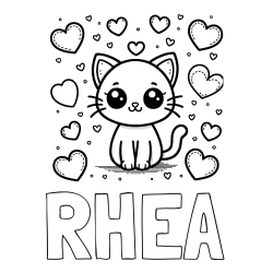 Online Created Coloring Page - RHEA Coloring Page and Free Coloring Page of a Cat and Hearts