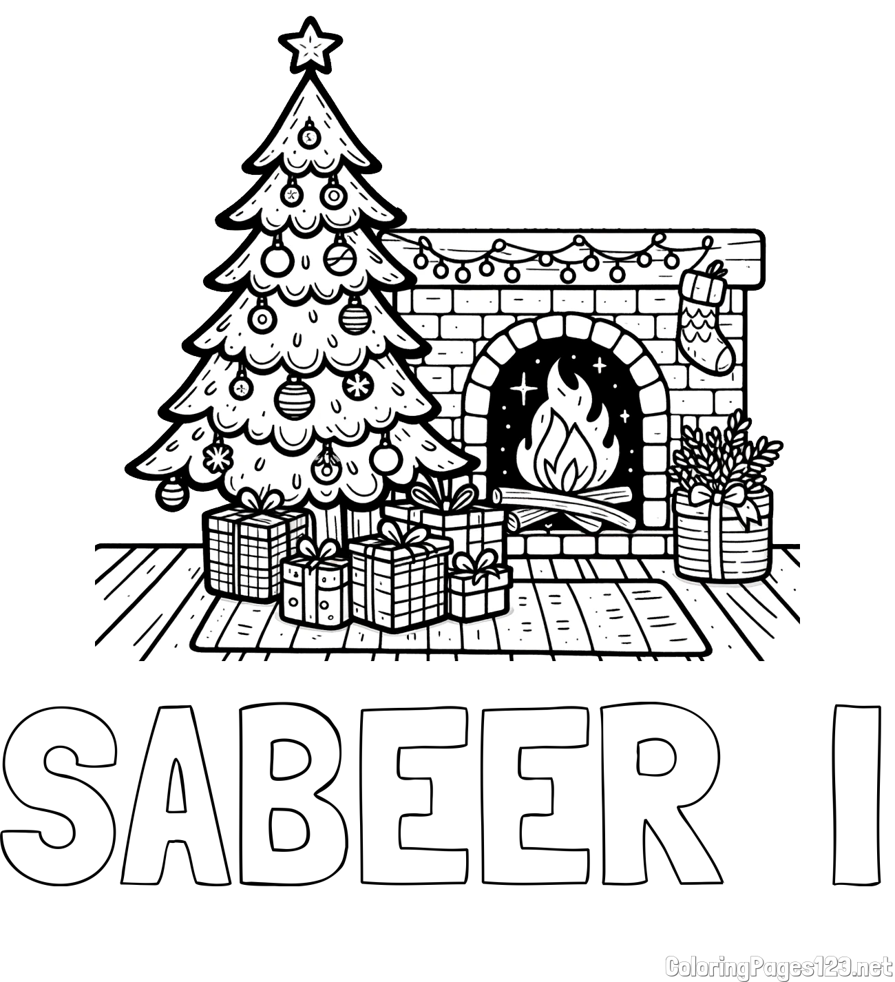 SABEER  I Coloring Page and Coloring Page of a Christmas Tree with Presents and a Fireplace