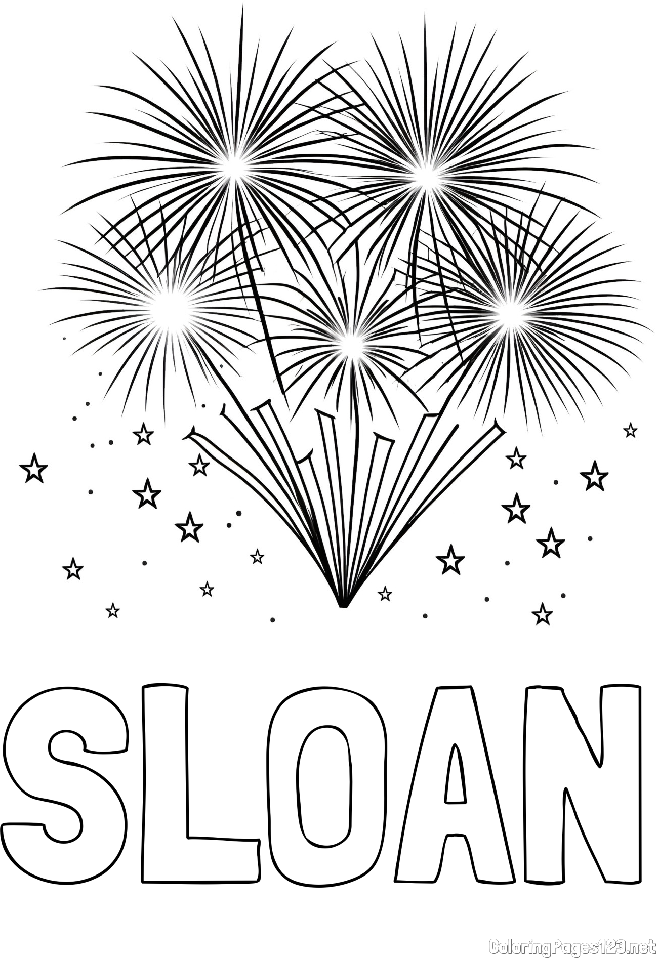 SLOAN Coloring Page and Big Fireworks with Stars Coloring Page
