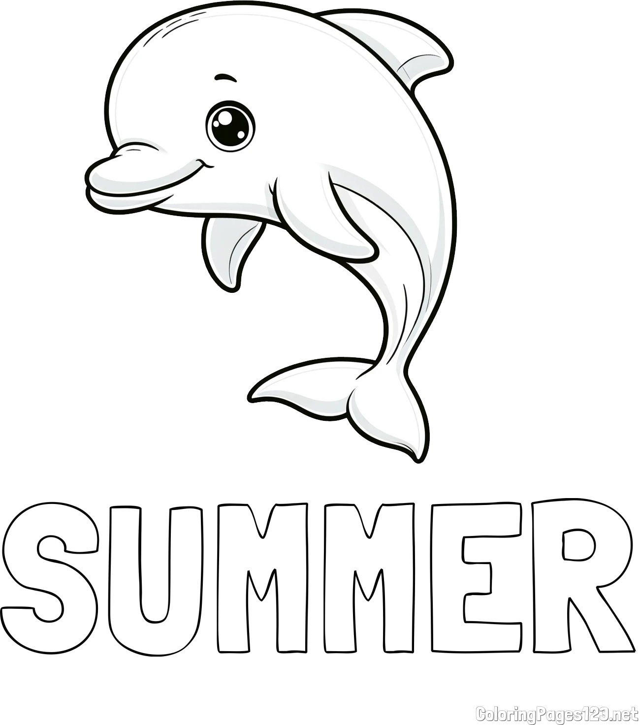 SUMMER Coloring Page and Children's Coloring Book of a Cute Dolphin