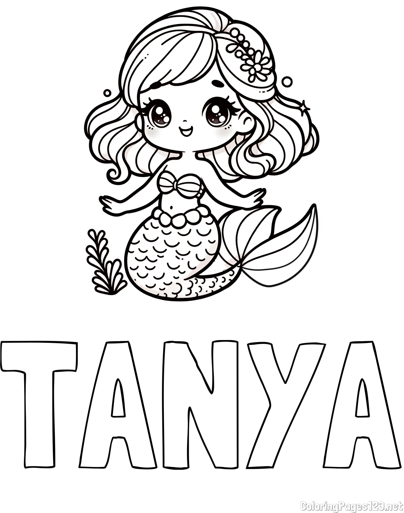 TANYA Coloring Page and Coloring Page of a Charming Mermaid