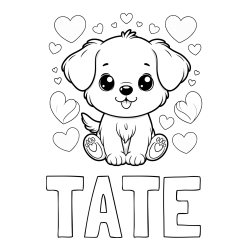 TATE Coloring Page and Coloring Page of a Cute Dog and Hearts