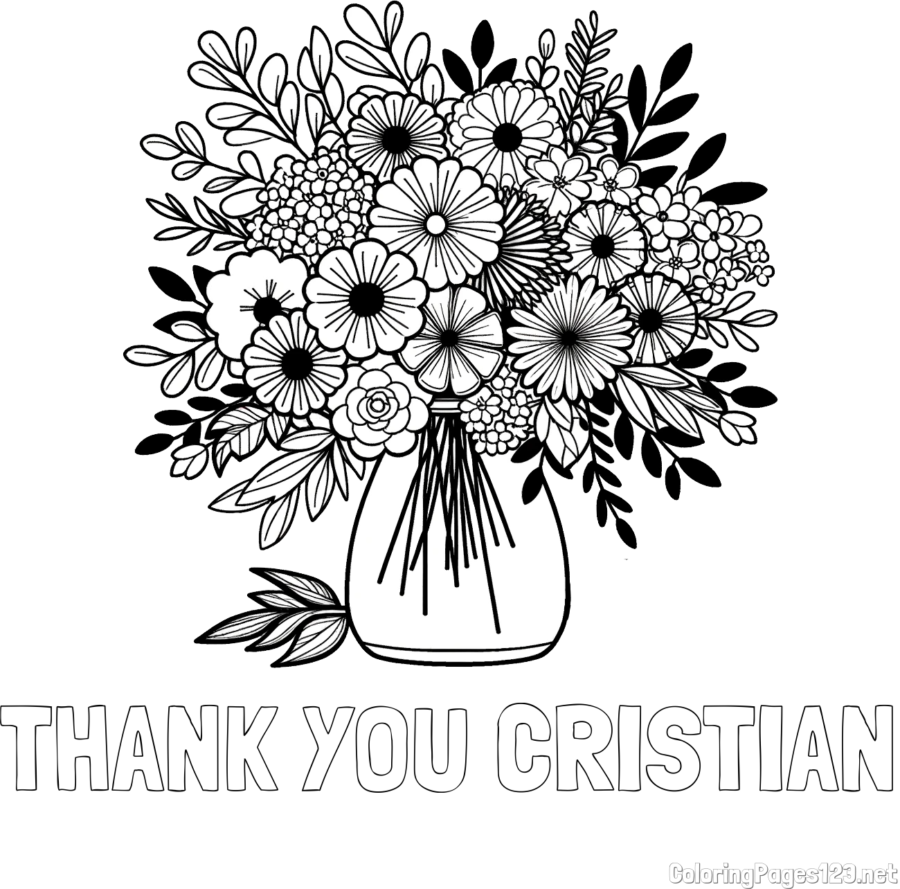 THANK YOU CRISTIAN Coloring Page and Flower Bouquet Coloring Page