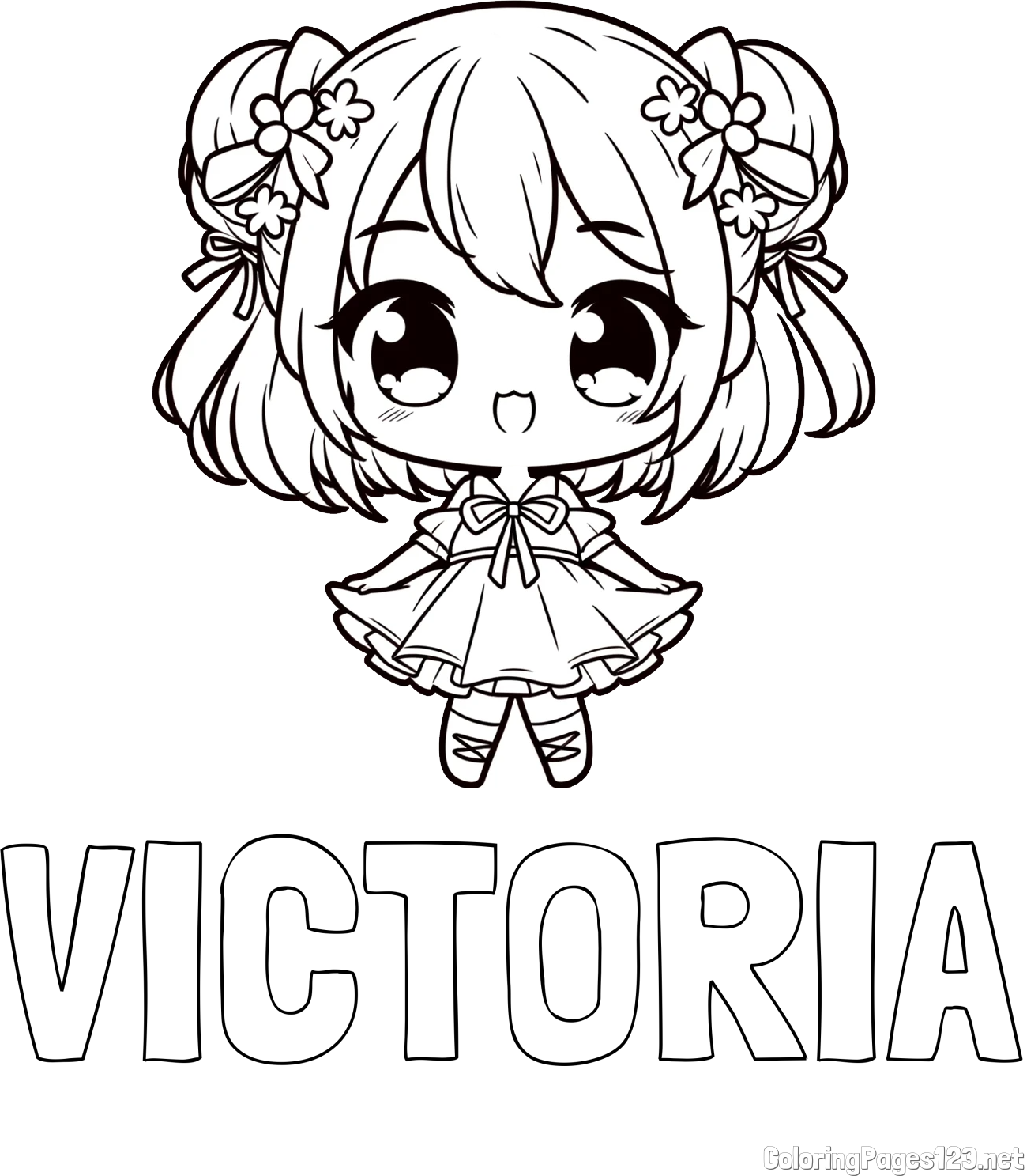 VICTORIA Coloring Page and Coloring Page of an Adorable Girl in Anime Style