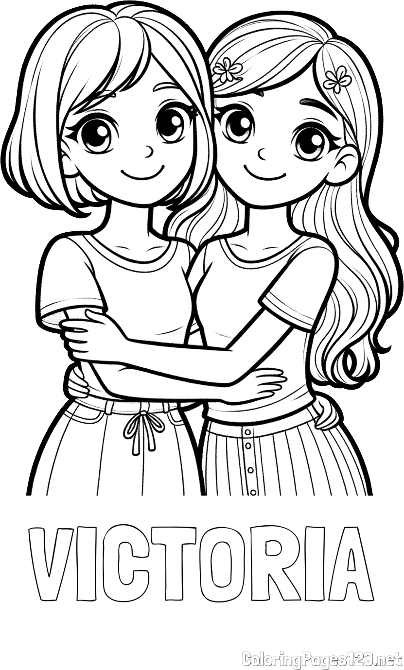 VICTORIA Coloring Page and Coloring Page of Two Cute Girls Hugging Each Other (Best Friends Forever)