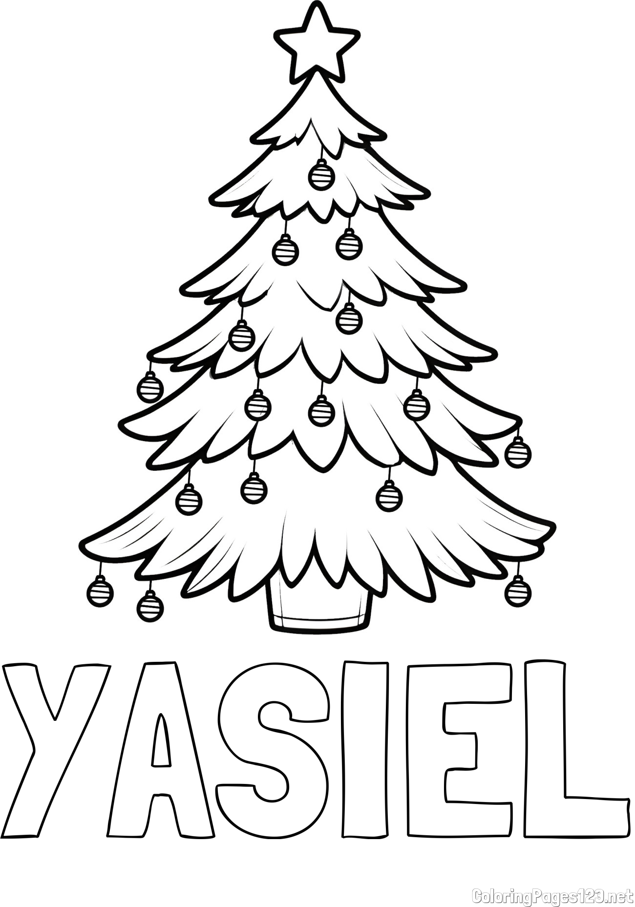 YASIEL Coloring Page and Christmas Tree with Star and Ornaments Coloring Page