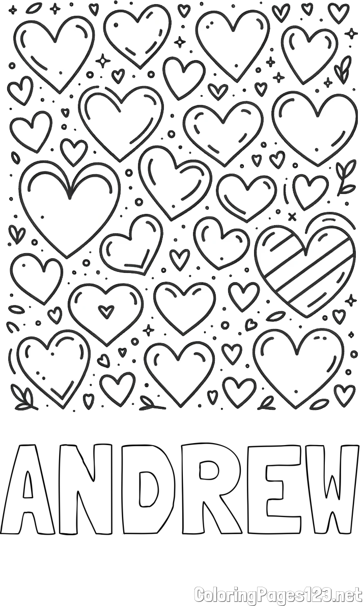 ANDREW Coloring Page and Children's Coloring Page of Many Hearts