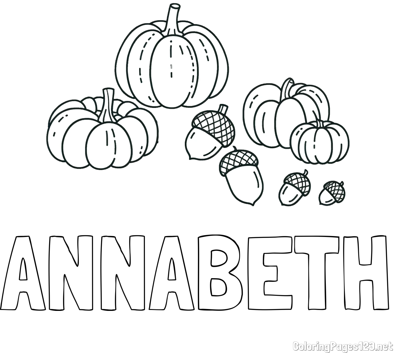 ANNABETH Coloring Page and Autumn Harvest Coloring Page - Acorns and Pumpkins