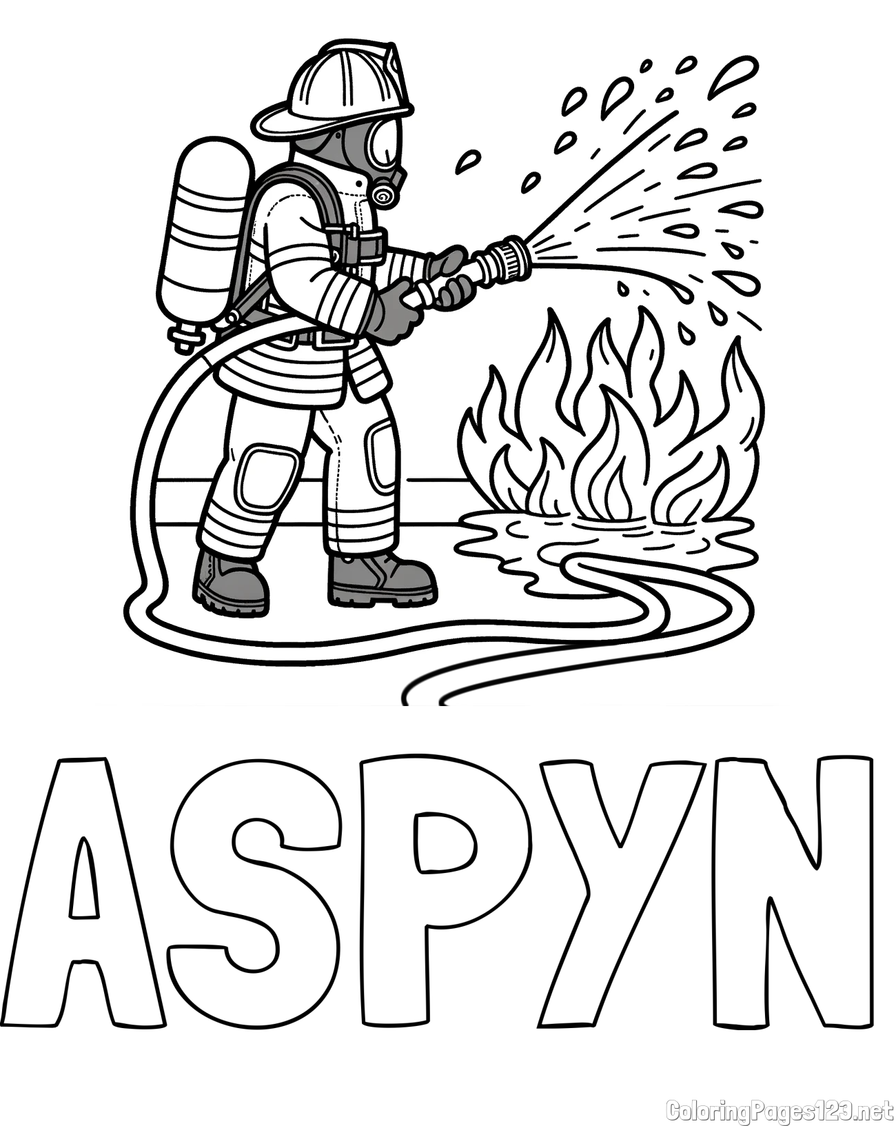 ASPYN Coloring Page and A coloring page of a firefighter and a big fire