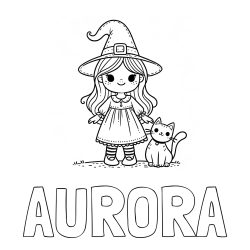 Online Created Coloring Page - AURORA Coloring Page and Wonderful Coloring Page of a Cute Witch and a Smiling Cat