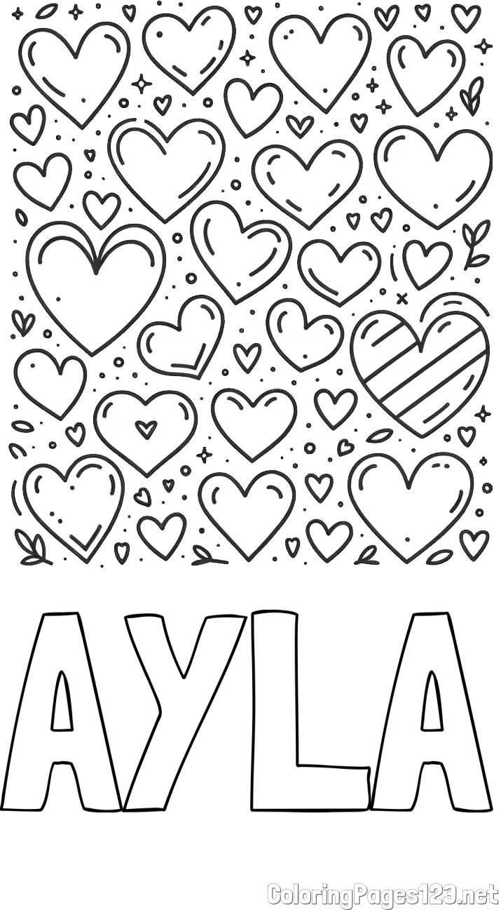 AYLA Coloring Page and Children's Coloring Page of Many Hearts