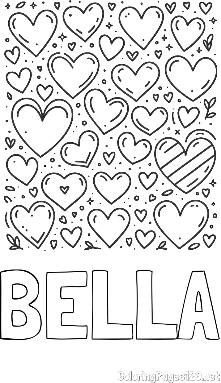 BELLA Coloring Page and Children's Coloring Page of Many Hearts