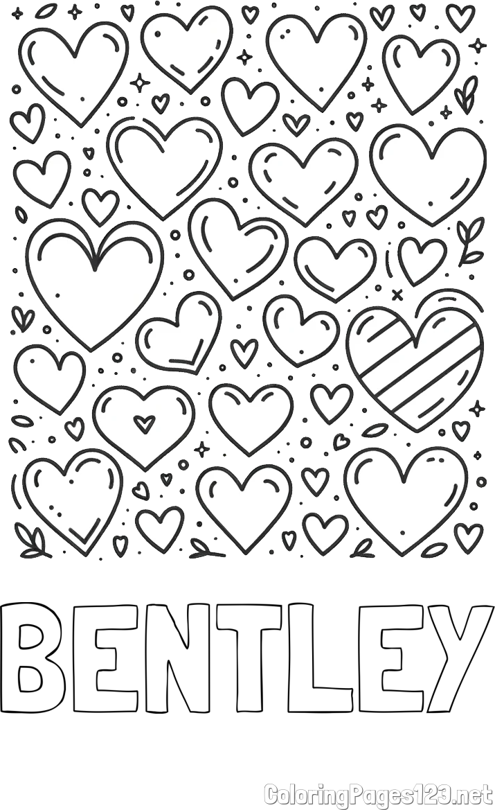 BENTLEY Coloring Page and Children's Coloring Page of Many Hearts