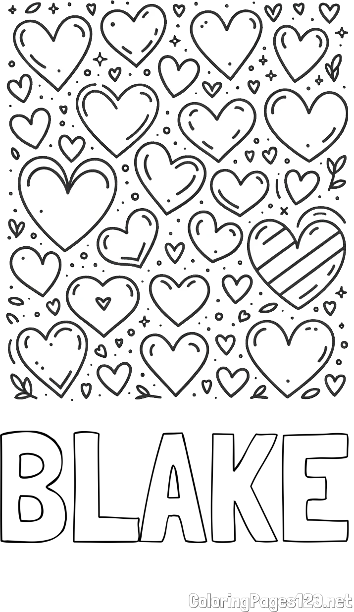 BLAKE Coloring Page and Children's Coloring Page of Many Hearts