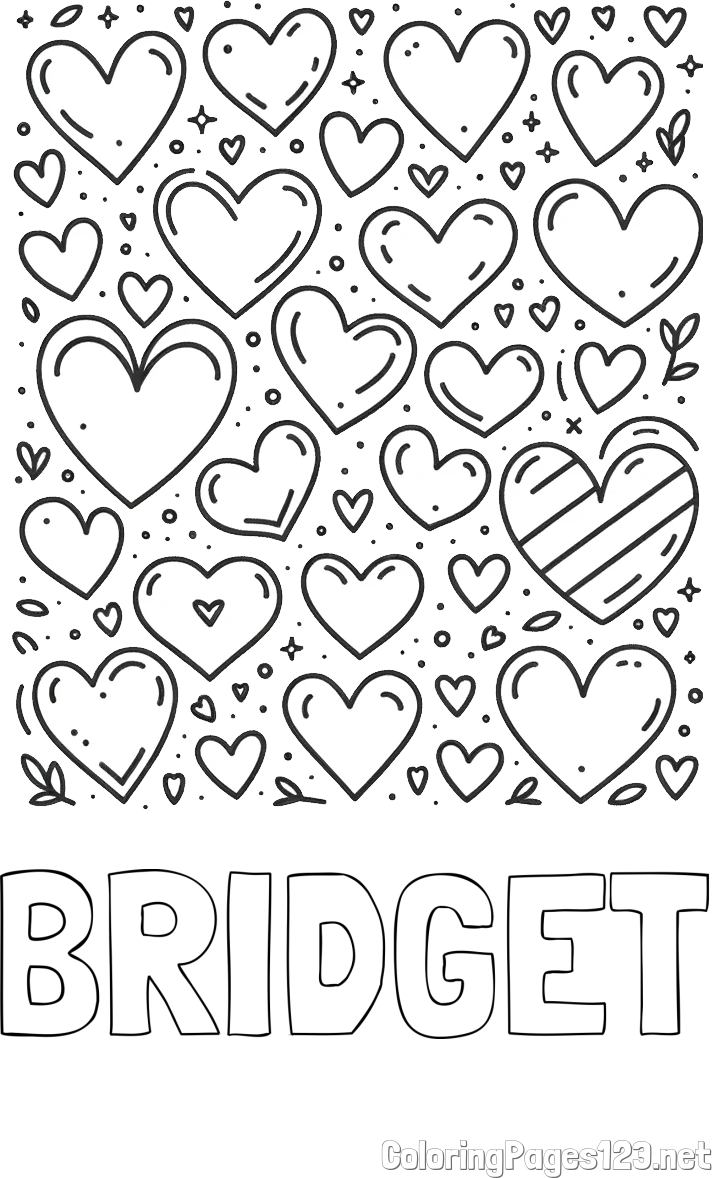 BRIDGET Coloring Page and Children's Coloring Page of Many Hearts