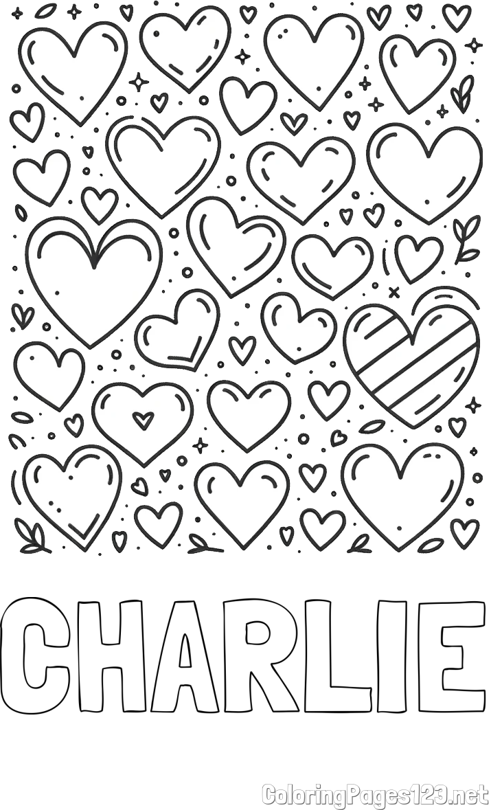 CHARLIE Coloring Page and Children's Coloring Page of Many Hearts