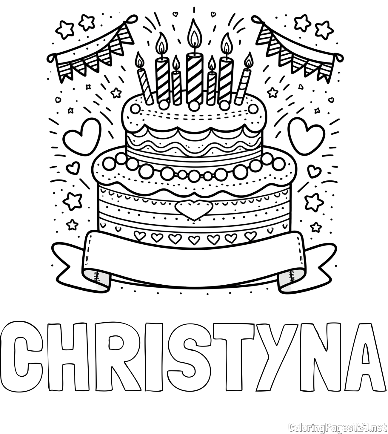CHRISTYNA Coloring Page and Cute Birthday Cake Coloring Page