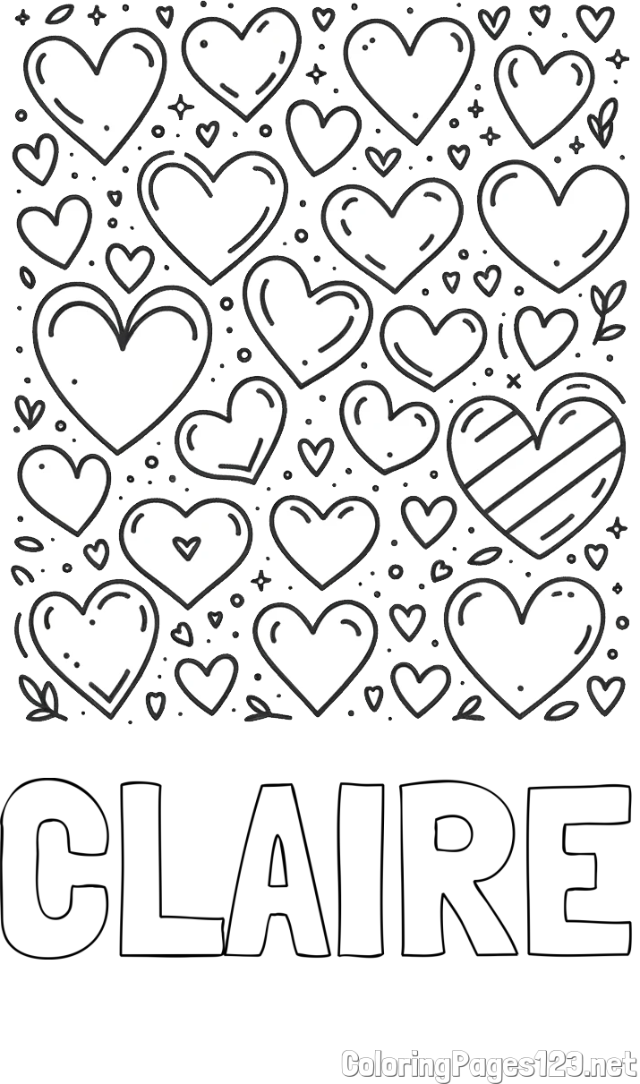 CLAIRE Coloring Page and Children's Coloring Page of Many Hearts