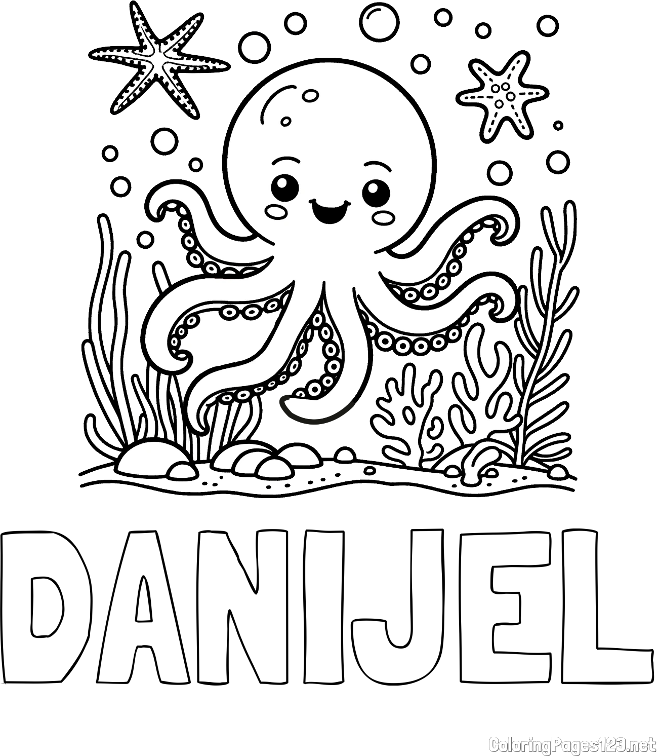 DANIJEL Coloring Page and Coloring Page of a Cute Octopus in the Ocean