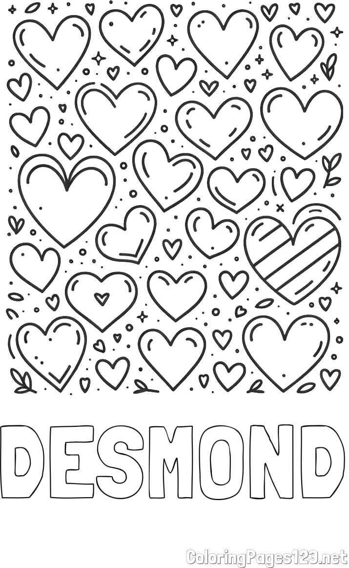 DESMOND Coloring Page and Children's Coloring Page of Many Hearts