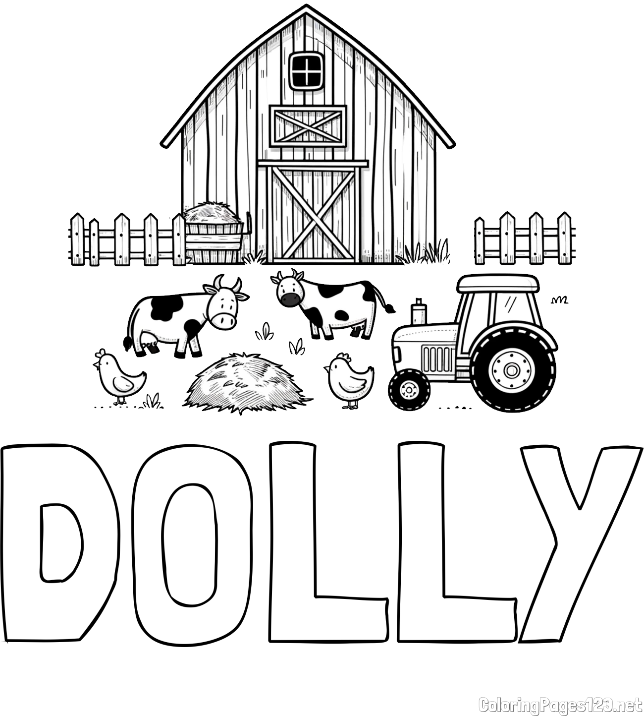 DOLLY Coloring Page and Kids Farm Coloring Page