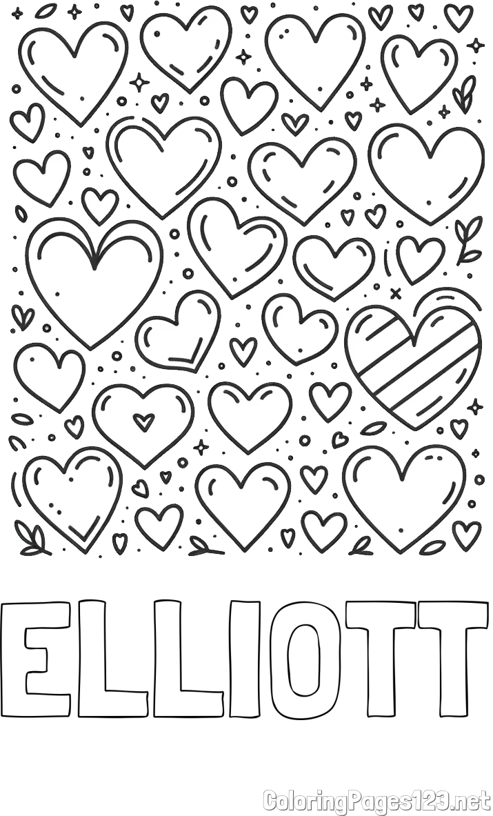 ELLIOTT Coloring Page and Children's Coloring Page of Many Hearts