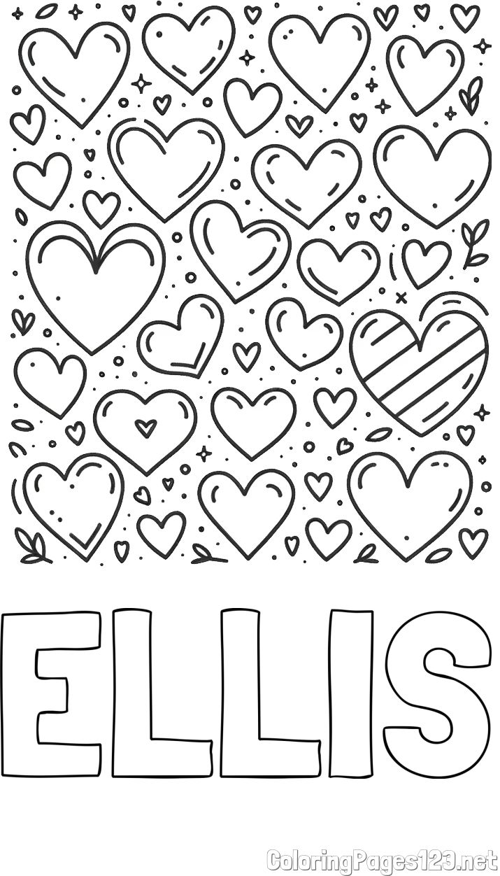 ELLIS Coloring Page and Children's Coloring Page of Many Hearts