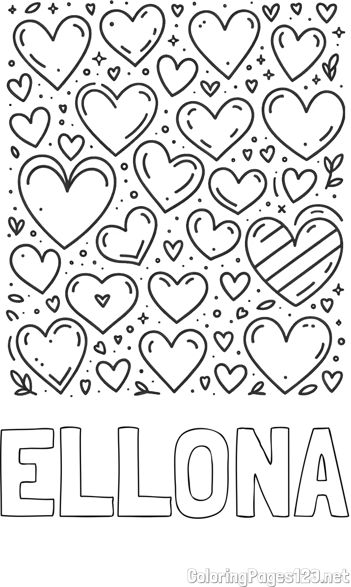 ELLONA Coloring Page and Children's Coloring Page of Many Hearts