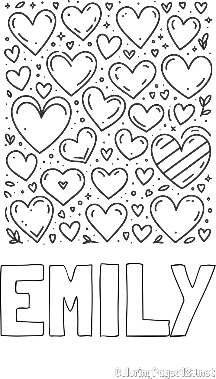EMILY Coloring Page and Children's Coloring Page of Many Hearts