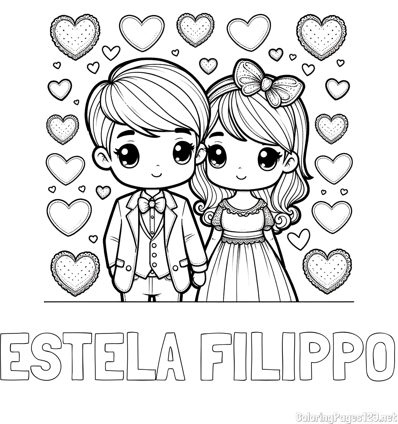 ESTELA FILIPPO Coloring Page and Coloring Page of a Couple Surrounded by Hearts