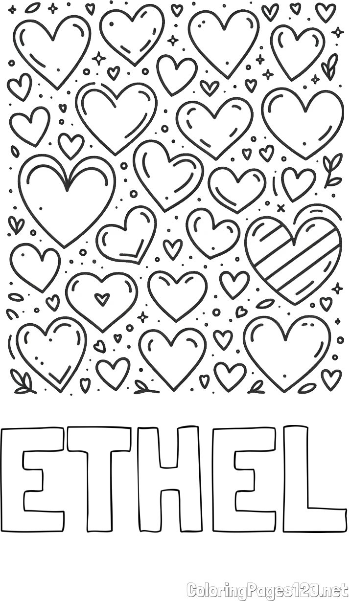 ETHEL Coloring Page and Children's Coloring Page of Many Hearts