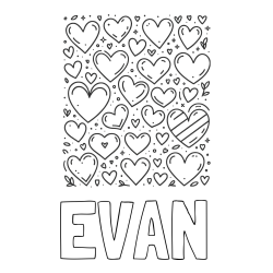 EVAN Coloring Page and Children's Coloring Page of Many Hearts