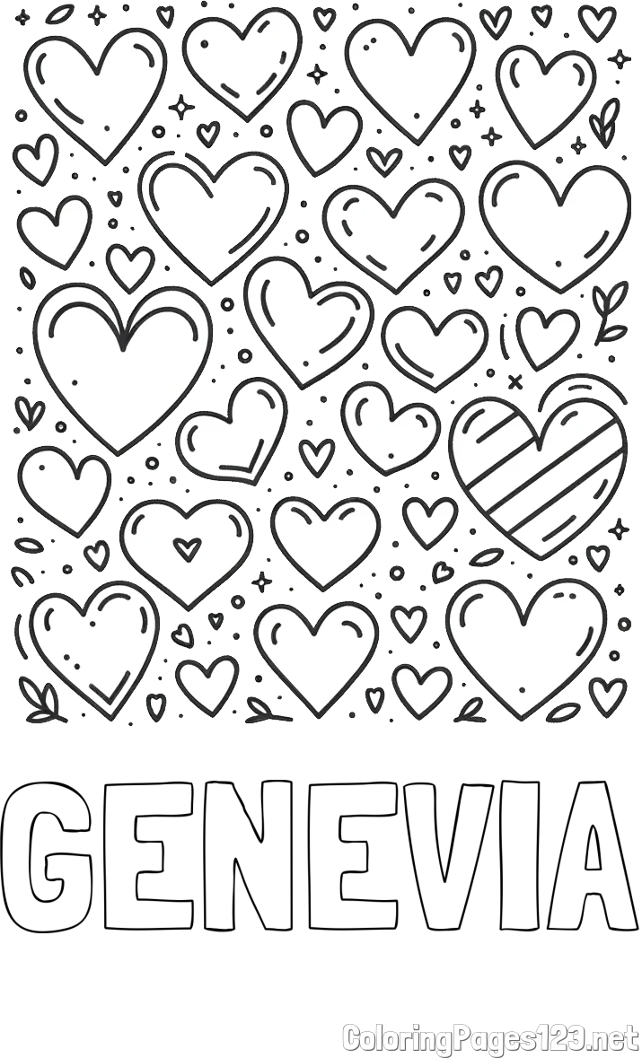 GENEVIA Coloring Page and Children's Coloring Page of Many Hearts