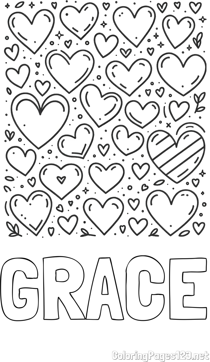 GRACE Coloring Page and Children's Coloring Page of Many Hearts