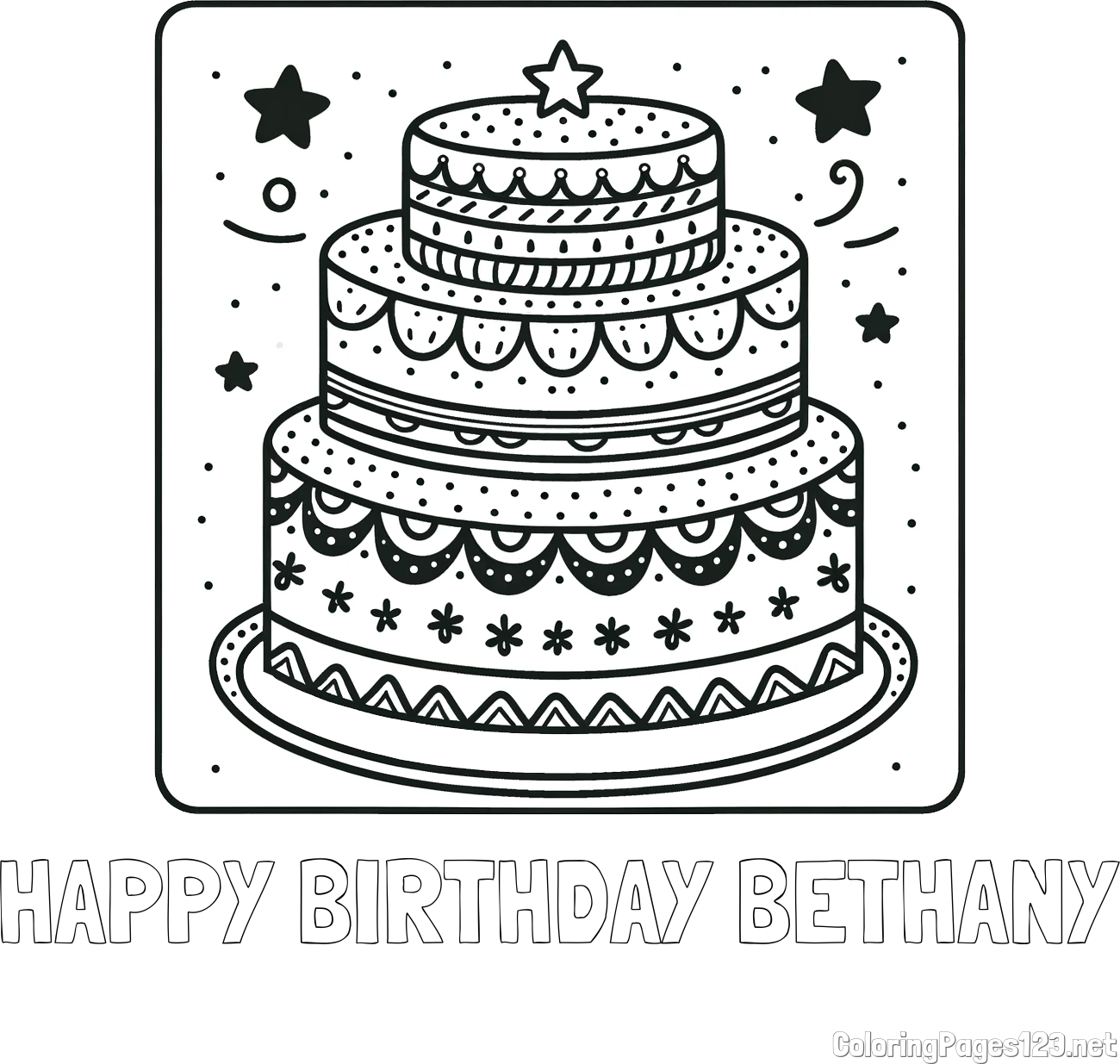 HAPPY BIRTHDAY BETHANY Coloring Page and Big Cake Coloring Page