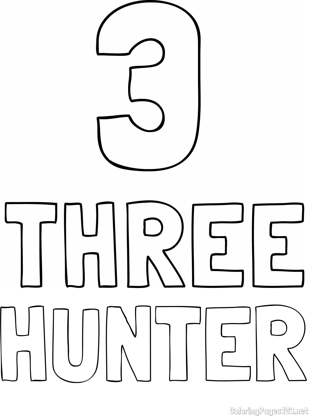 HUNTER Coloring Page and Coloring of the Number Three (3) with the Written Name
