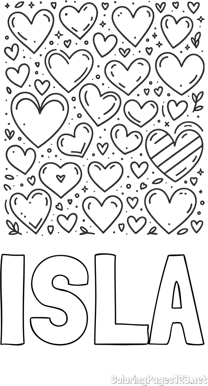 ISLA Coloring Page and Children's Coloring Page of Many Hearts