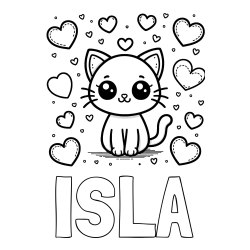Online Created Coloring Page - ISLA Coloring Page and Free Coloring Page of a Cat and Hearts