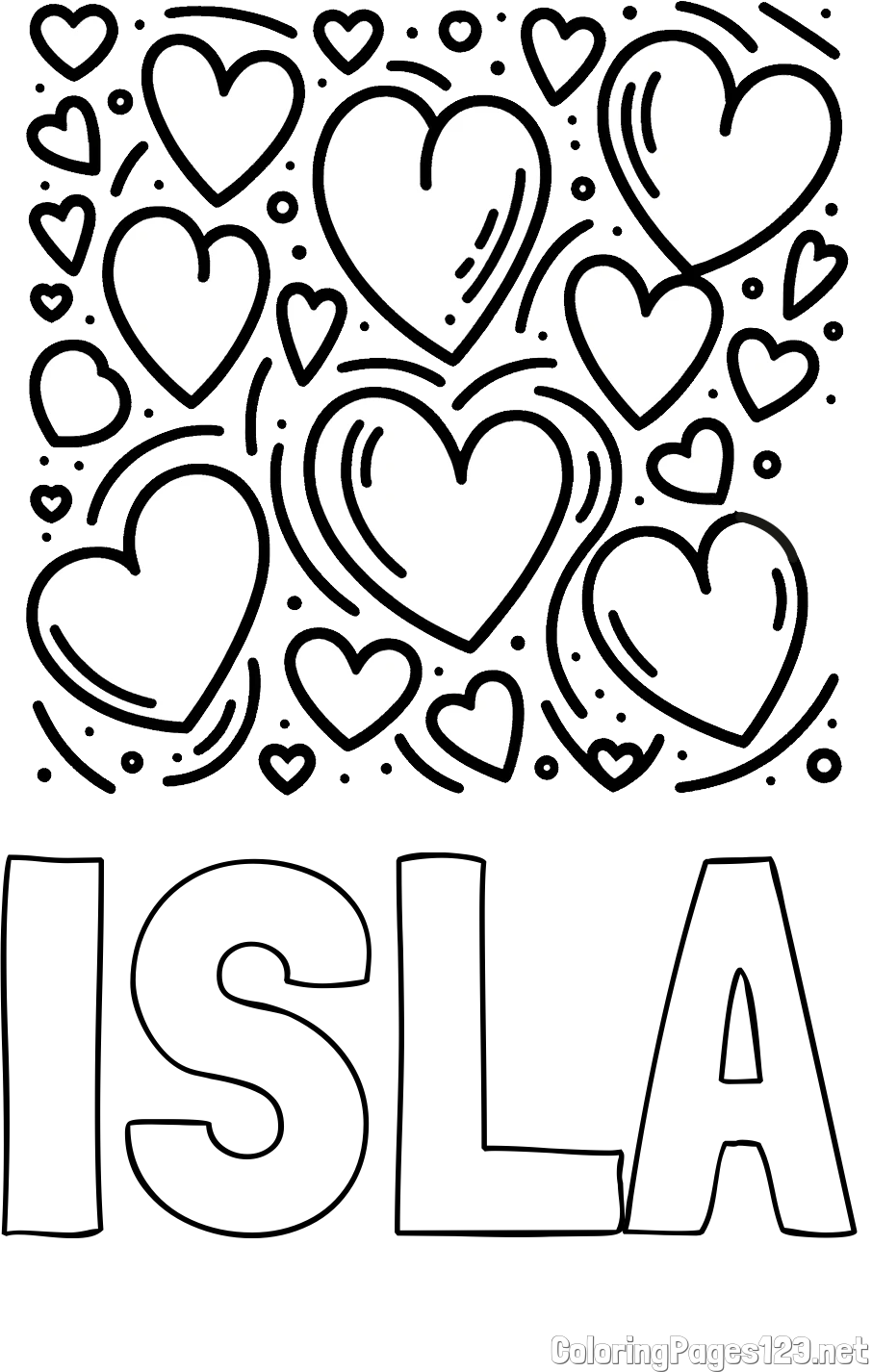 ISLA Coloring Page and Free Printable Coloring Page of Hearts
