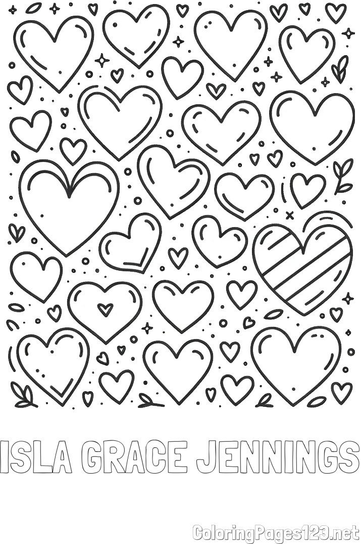 ISLA GRACE JENNINGS Coloring Page and Children's Coloring Page of Many Hearts