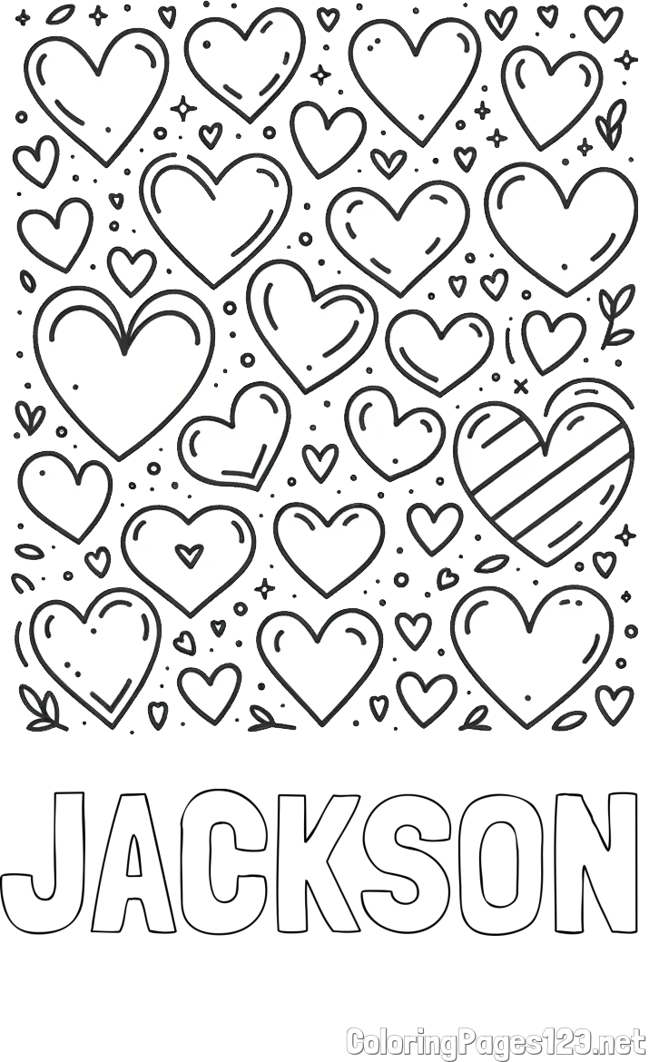 JACKSON Coloring Page and Children's Coloring Page of Many Hearts