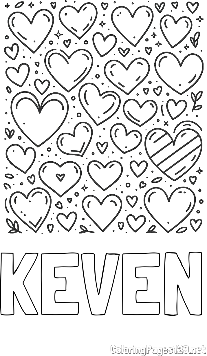KEVEN Coloring Page and Children's Coloring Page of Many Hearts