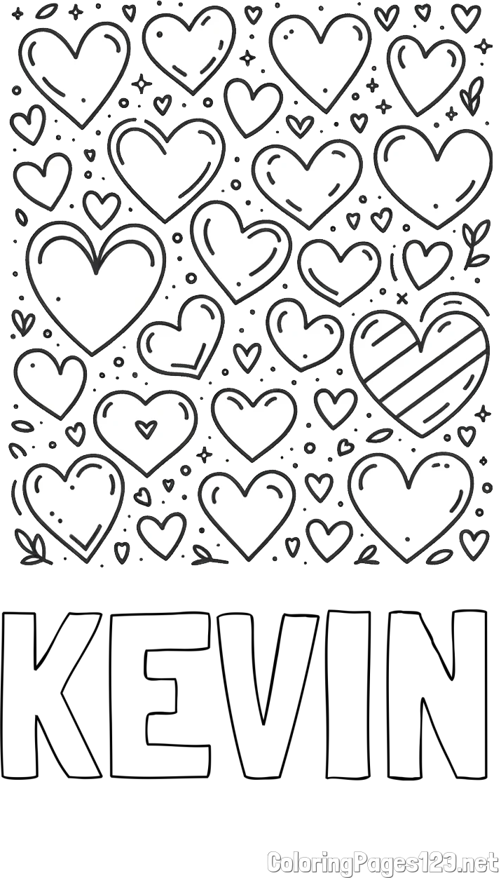 KEVIN Coloring Page and Children's Coloring Page of Many Hearts
