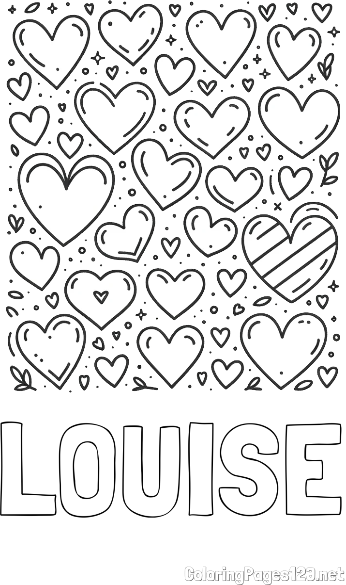 LOUISE Coloring Page and Children's Coloring Page of Many Hearts