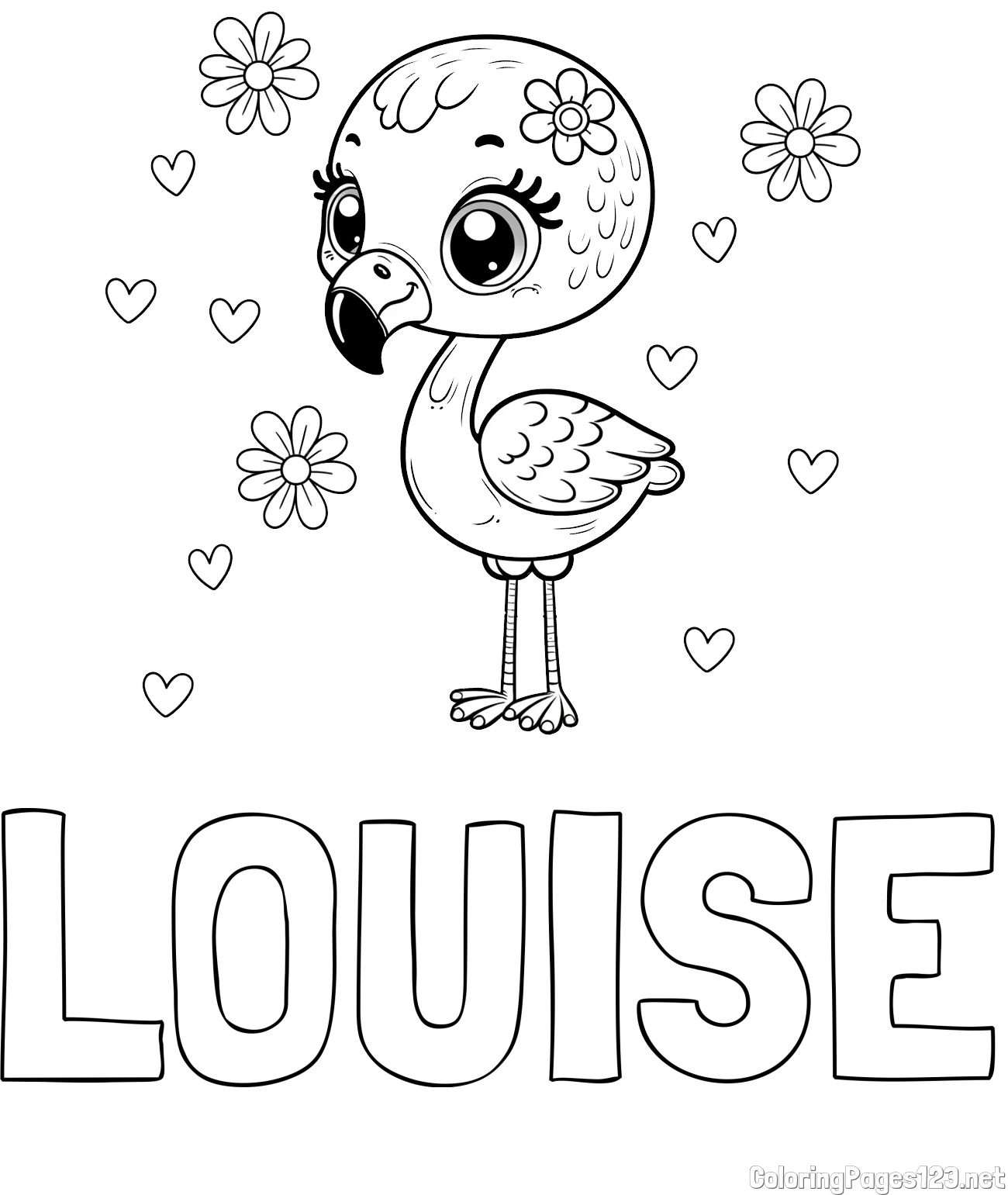 LOUISE Coloring Page and Coloring Page of a Cute Flamingo with Flowers