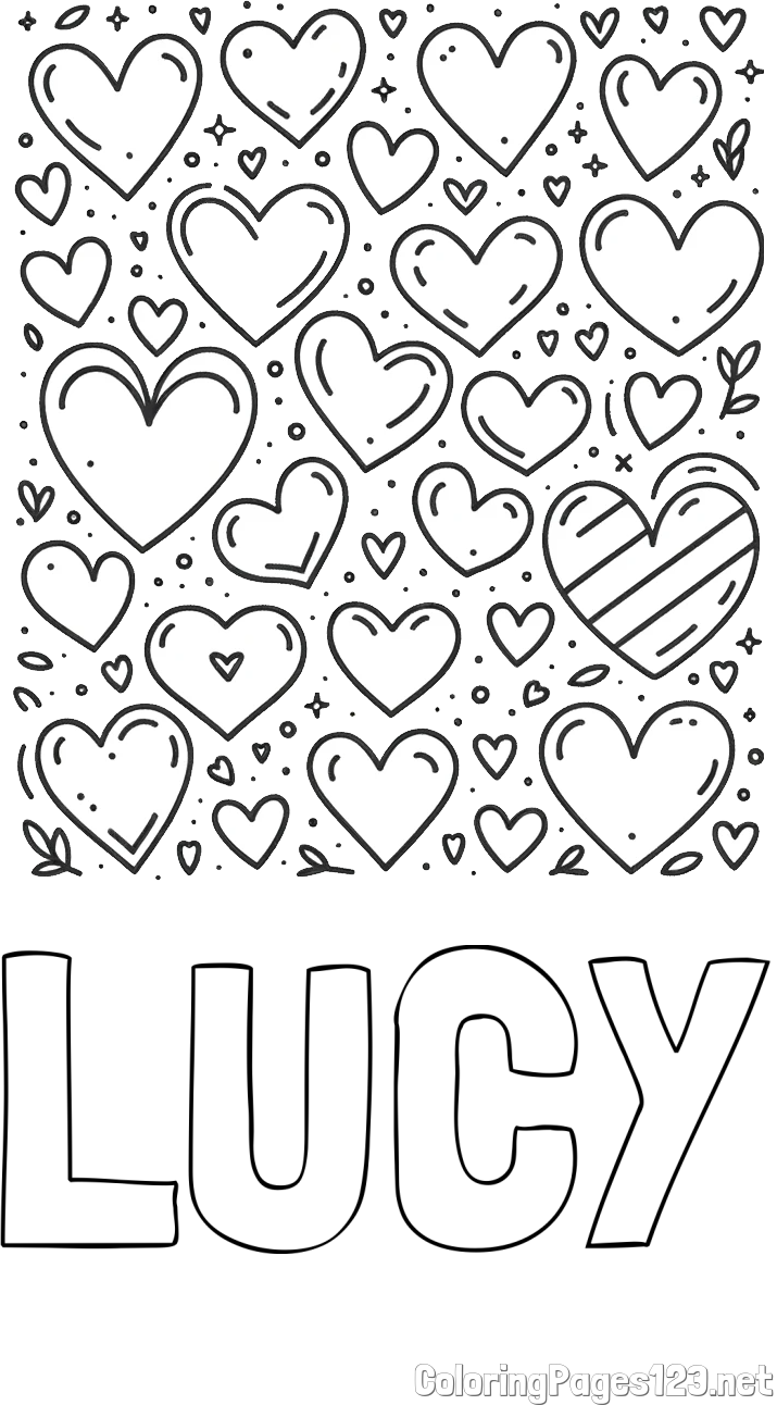LUCY Coloring Page and Children's Coloring Page of Many Hearts