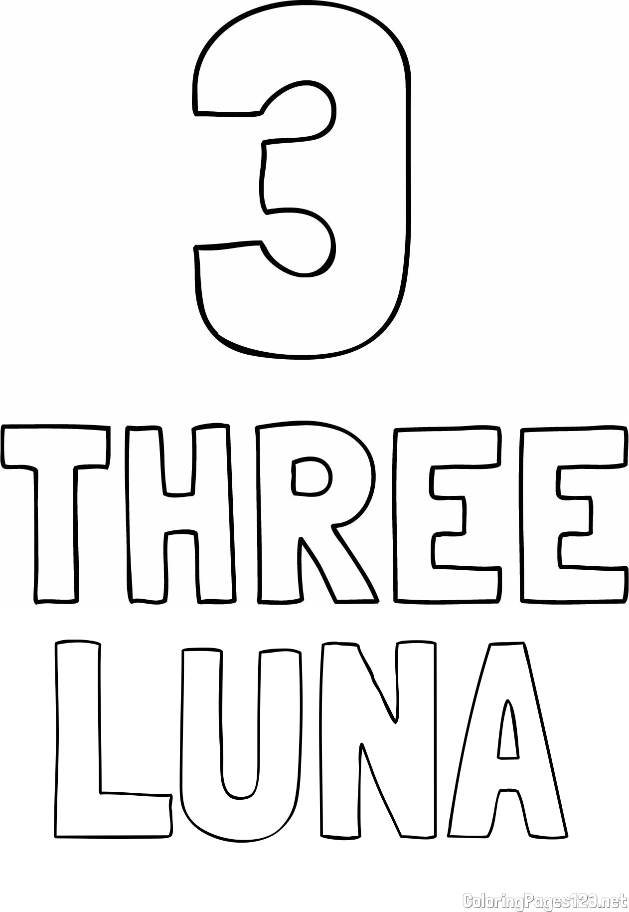 LUNA Coloring Page and Coloring of the Number Three (3) with the Written Name